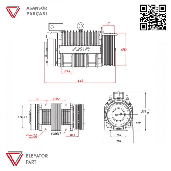 Akar Gearless Mrl 400 Kg Lift Motor